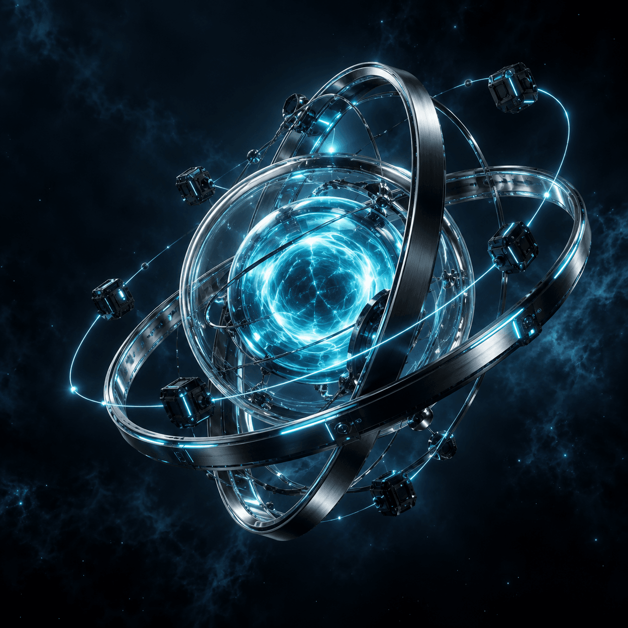 Abstract 3D AI systems core with glass orbital rings